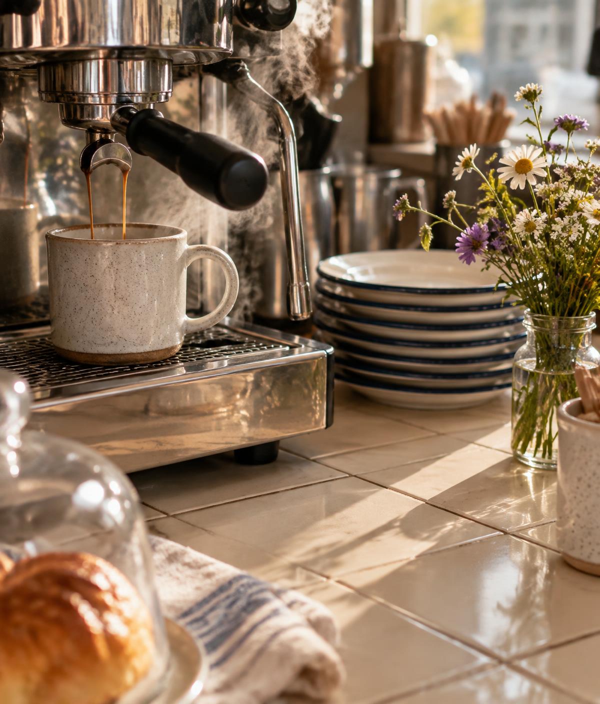 Café counter with espresso machine, pastry case and stacked mugs