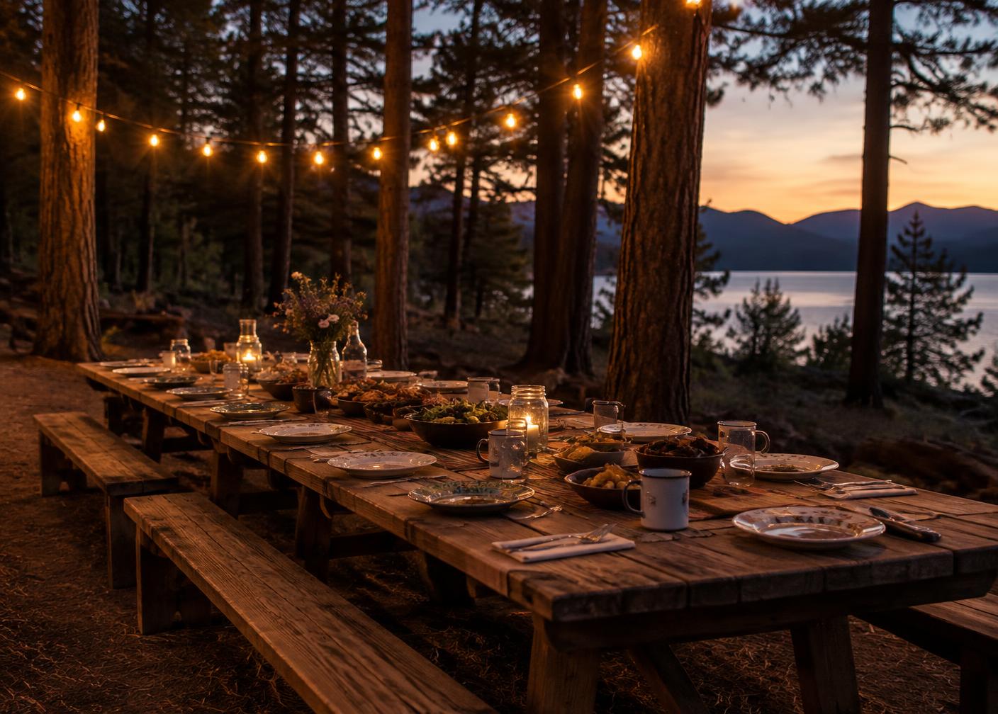 Long communal table set under string lights among pines at dusk