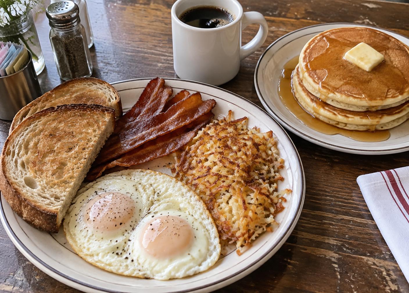 Breakfast plate with eggs, bacon, hash browns, toast, pancakes and black coffee