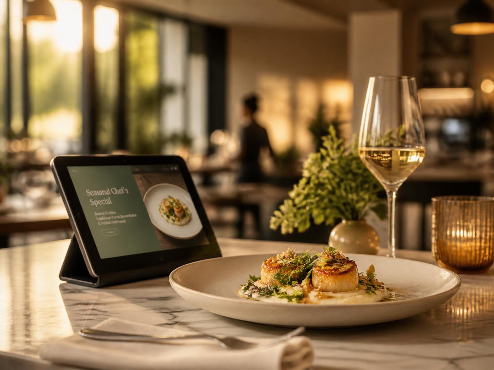 Hospitality managers reviewing a Tomaitre operations dashboard on a tablet