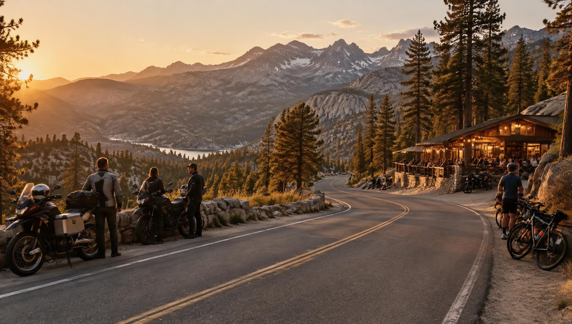 Motorcycles and riders pulled over on a Sierra foothill highway at sunset