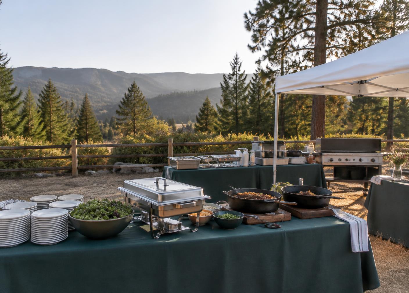 Outdoor catering setup with chafing trays and cast iron pans in foothill country