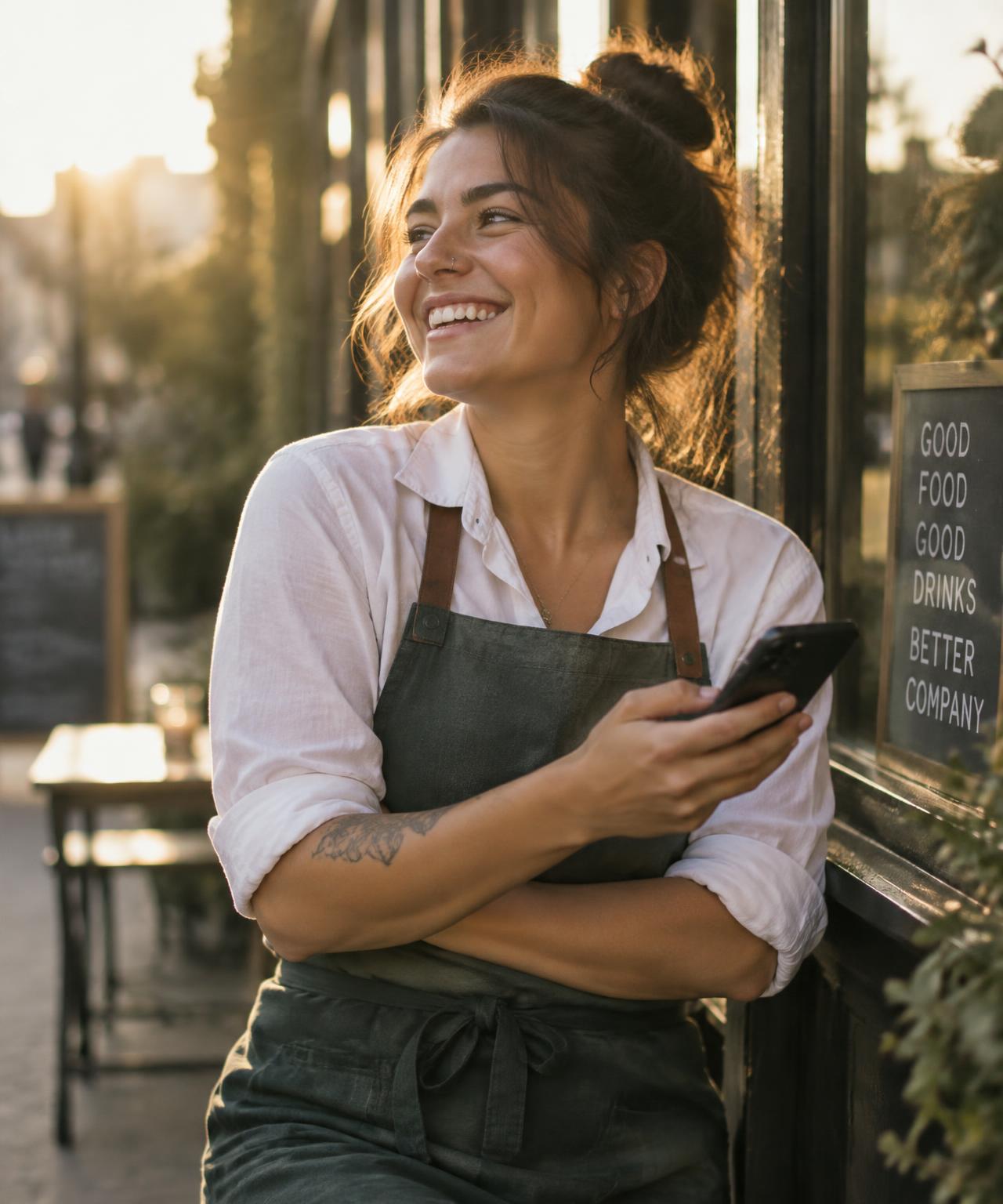 A server smiling outside her restaurant at golden hour, phone in hand