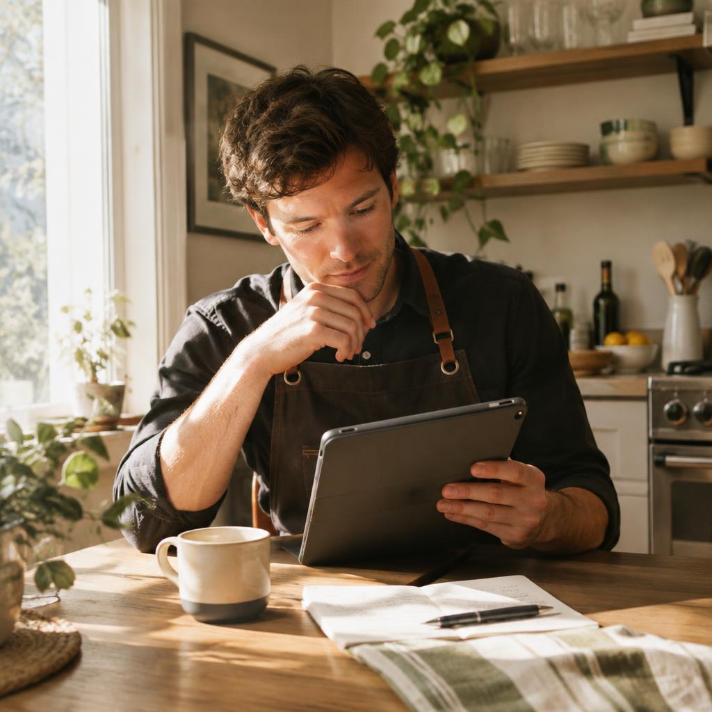 A bartender studying on a tablet at his kitchen table before a shift