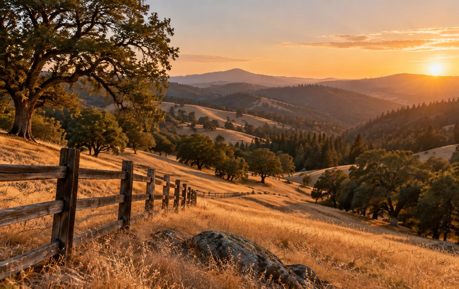 Golden foothill ranch land with oaks and a weathered fence line at sunset